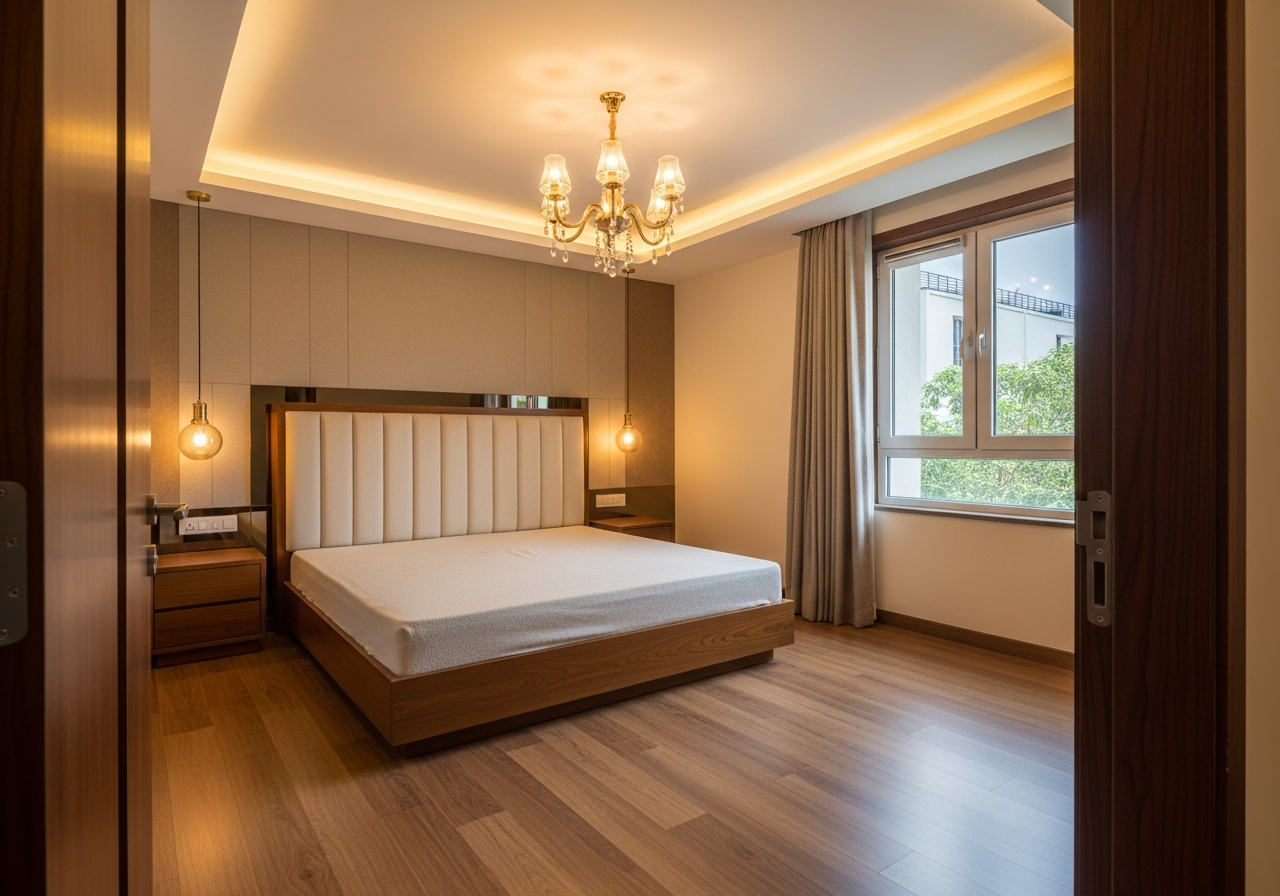 Completed 3BHK bedroom interior with wardrobe, false ceiling and bedside storage units in Bangalore apartment