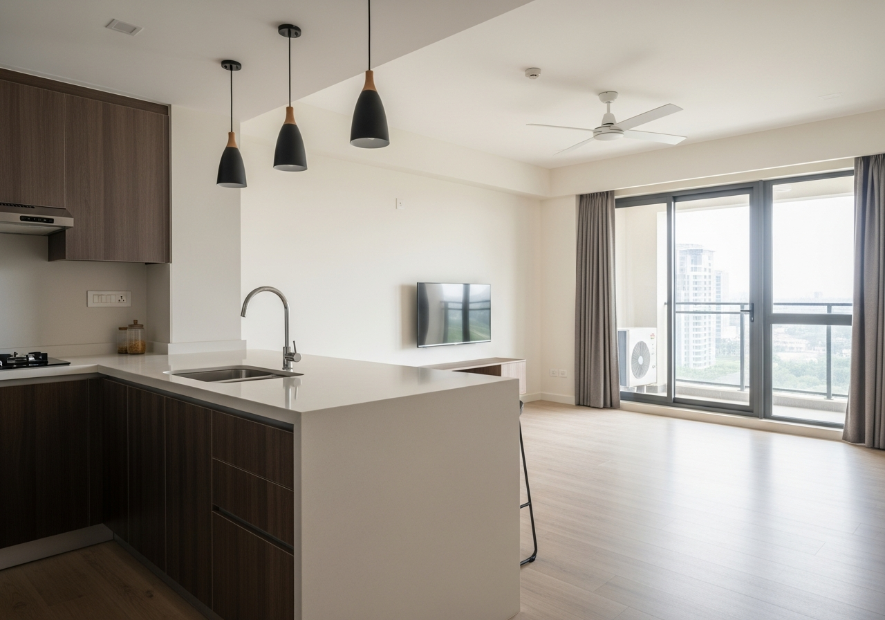 Modular kitchen in a Prestige apartment Bellandur — acrylic upper shutters, wood-grain laminate base and quartz countertop with integrated chimney