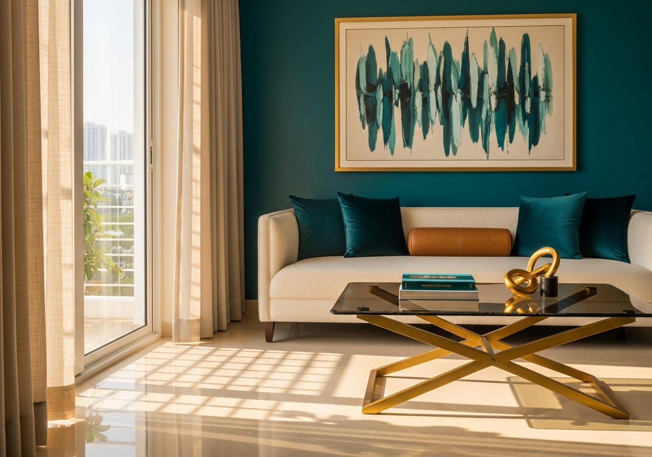 Living room in a Sobha Dream Acres Bellandur apartment — acrylic TV wall panel, peripheral cove ceiling and warm laminate flooring