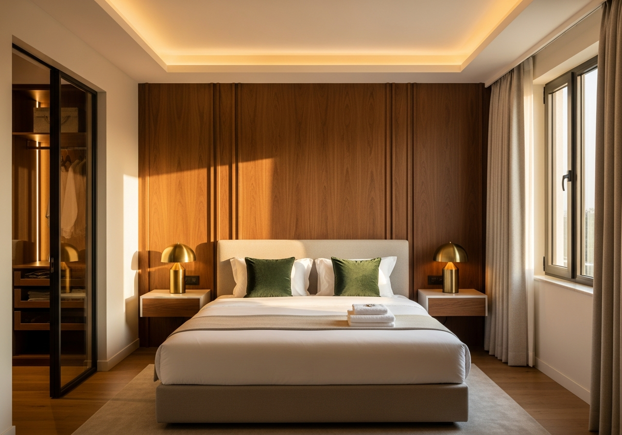 Sliding wardrobe with mirror panels in an Electronic City Bangalore bedroom — warm laminate frame with full-height mirror centre panel
