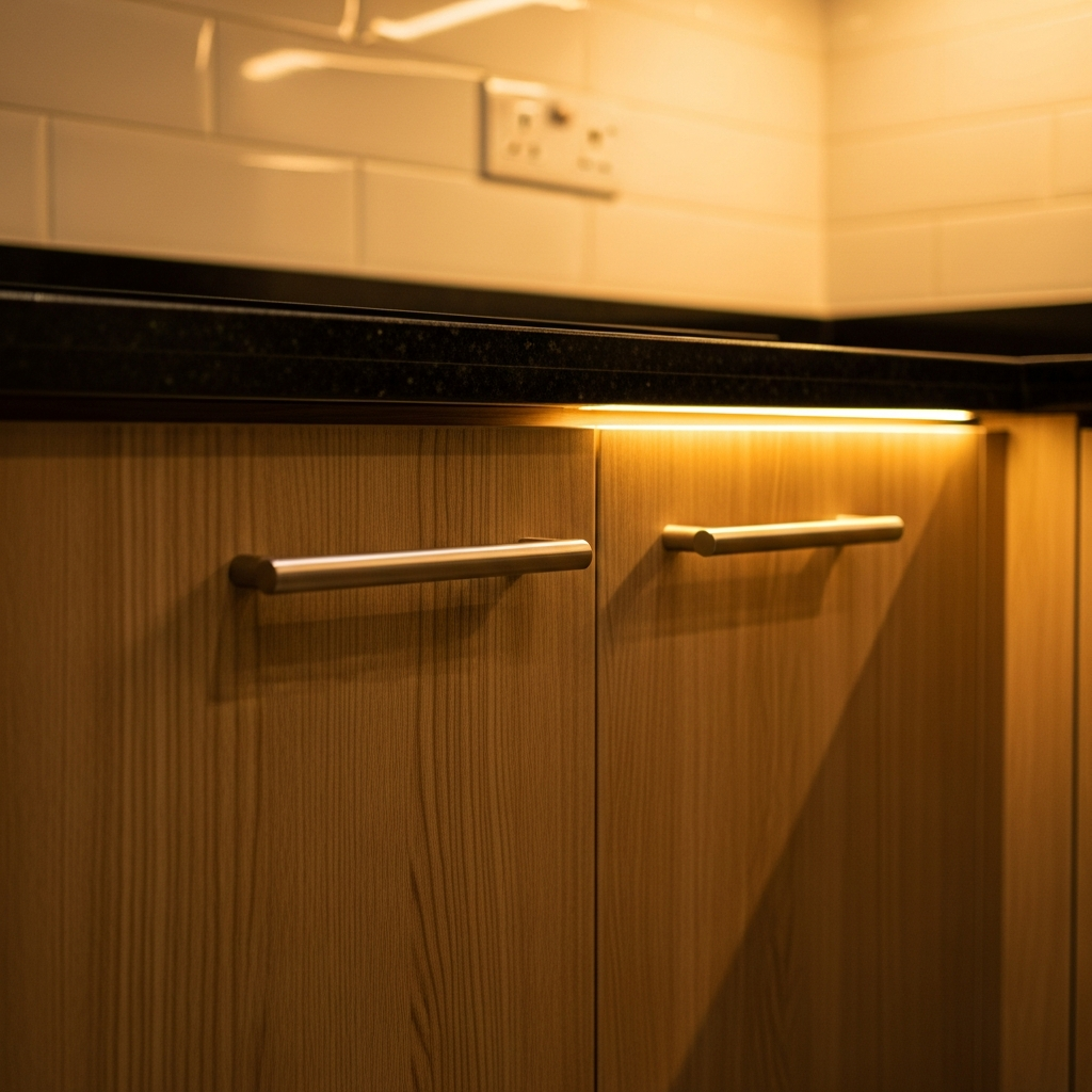 Close-up of machine-applied edge-banding on kitchen cabinet panels showing seamless flush finish