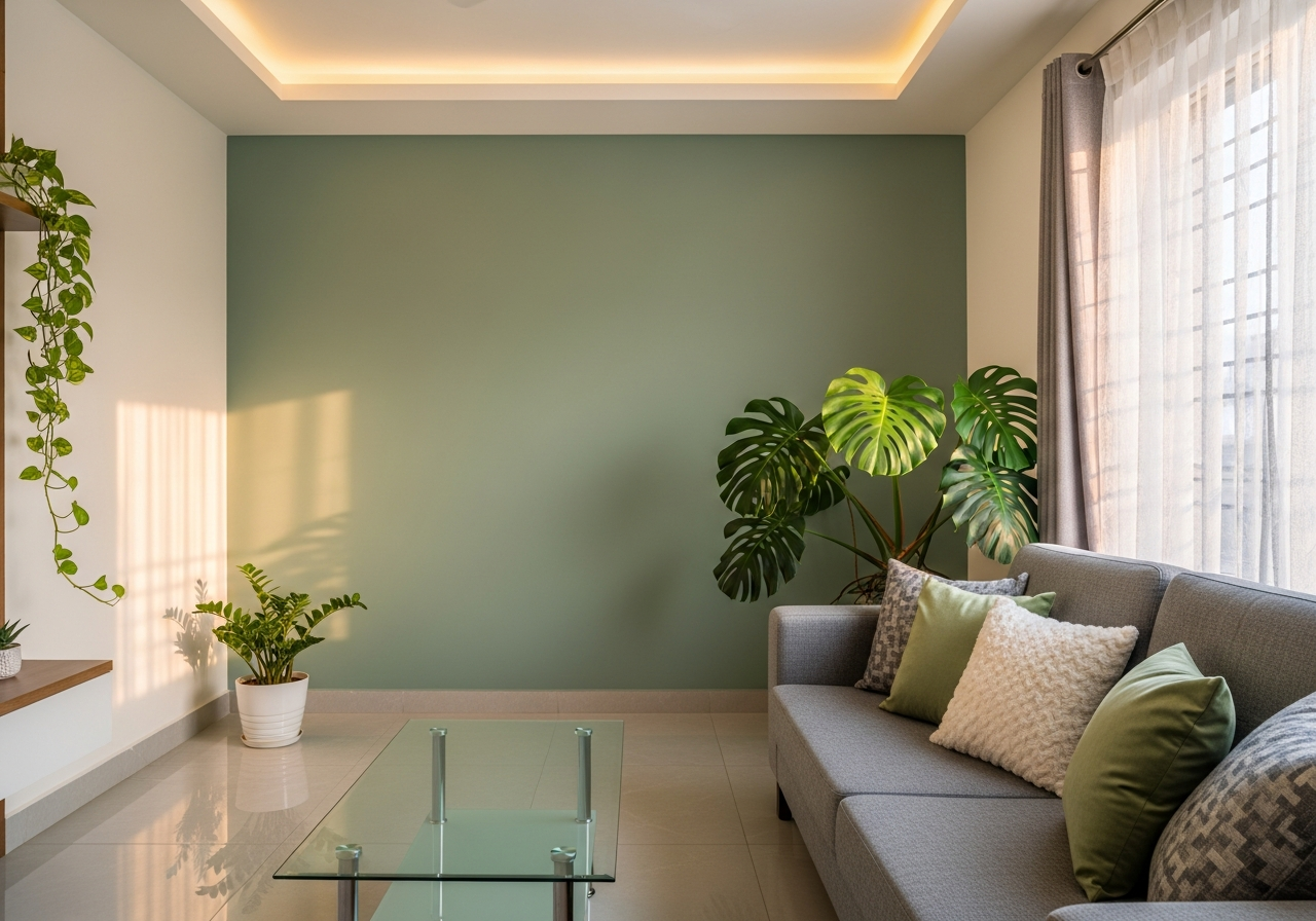 Gypsum cove false ceiling with concealed warm LED lighting in a 3BHK Bangalore apartment living room