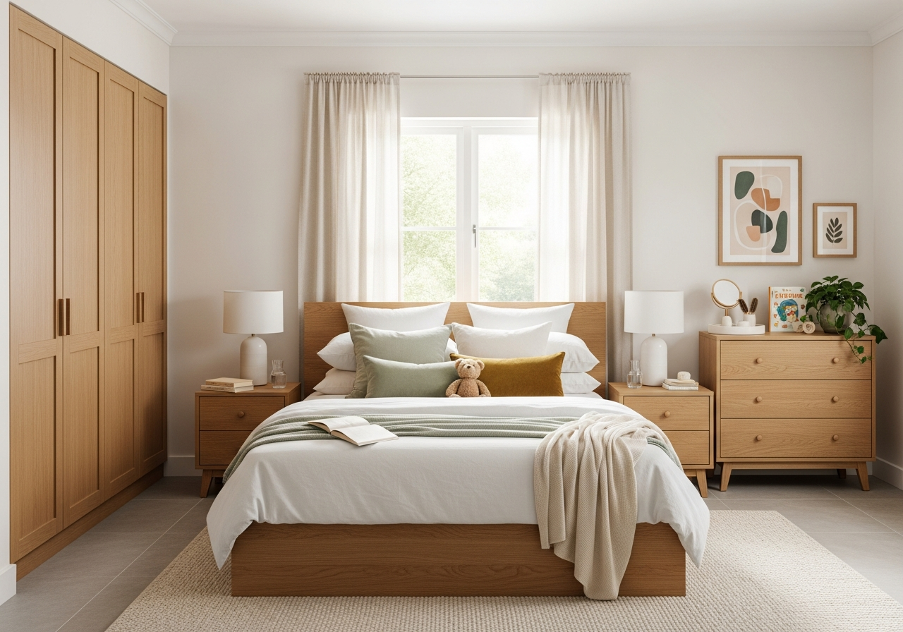North Bangalore master bedroom in earthy palette — fabric-front wardrobes, platform bed and terracotta linen upholstery