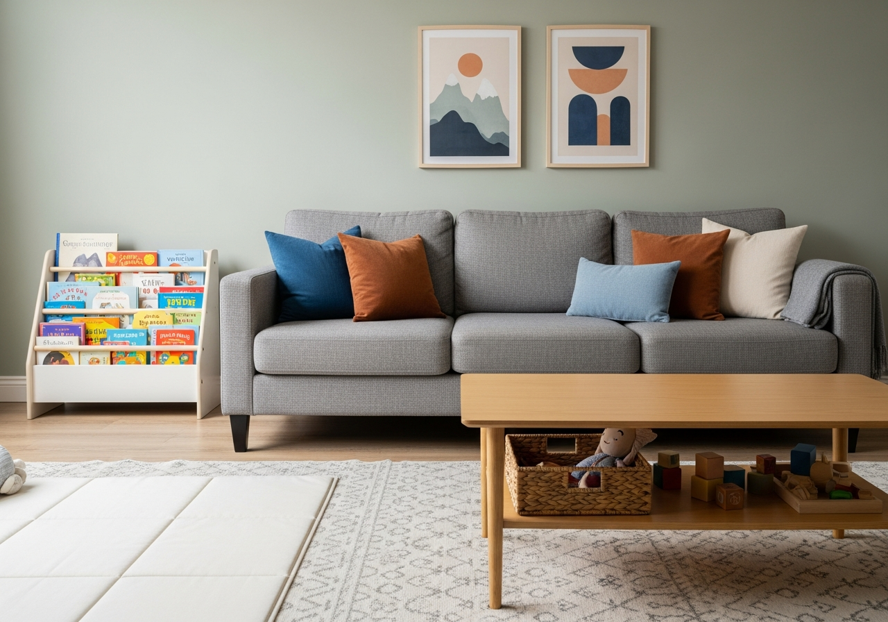 Biophilic living room in a Hebbal Bangalore apartment — plant ledge, linen curtains and earthy terracotta accent wall