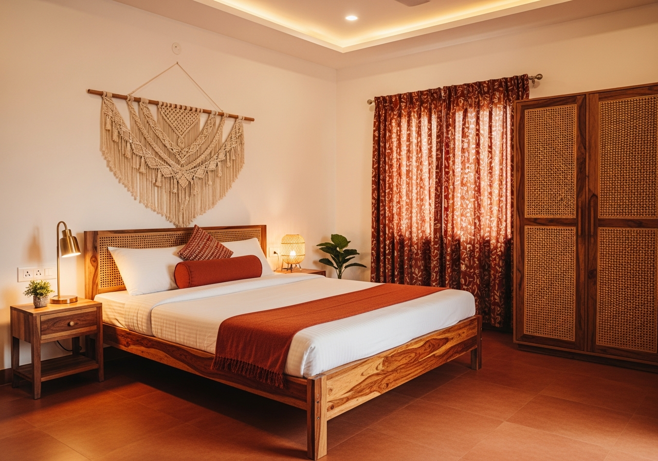 Hinged wardrobe with full-length mirror door fully open in spacious master bedroom showing complete interior visibility