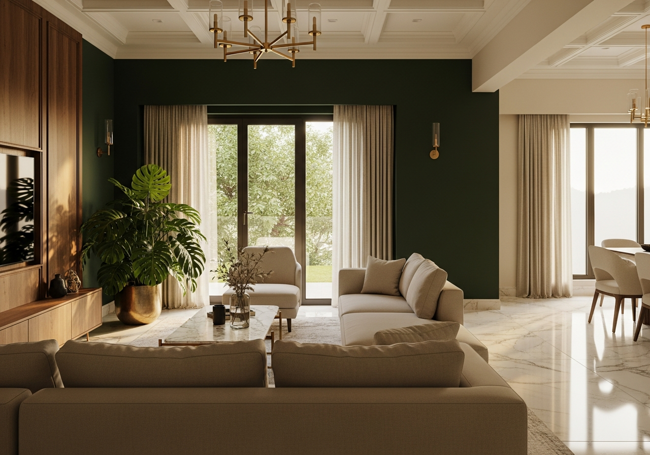 Warm minimal living room in a Koramangala Bangalore apartment — acrylic TV unit panel, cove ceiling and open kitchen visible