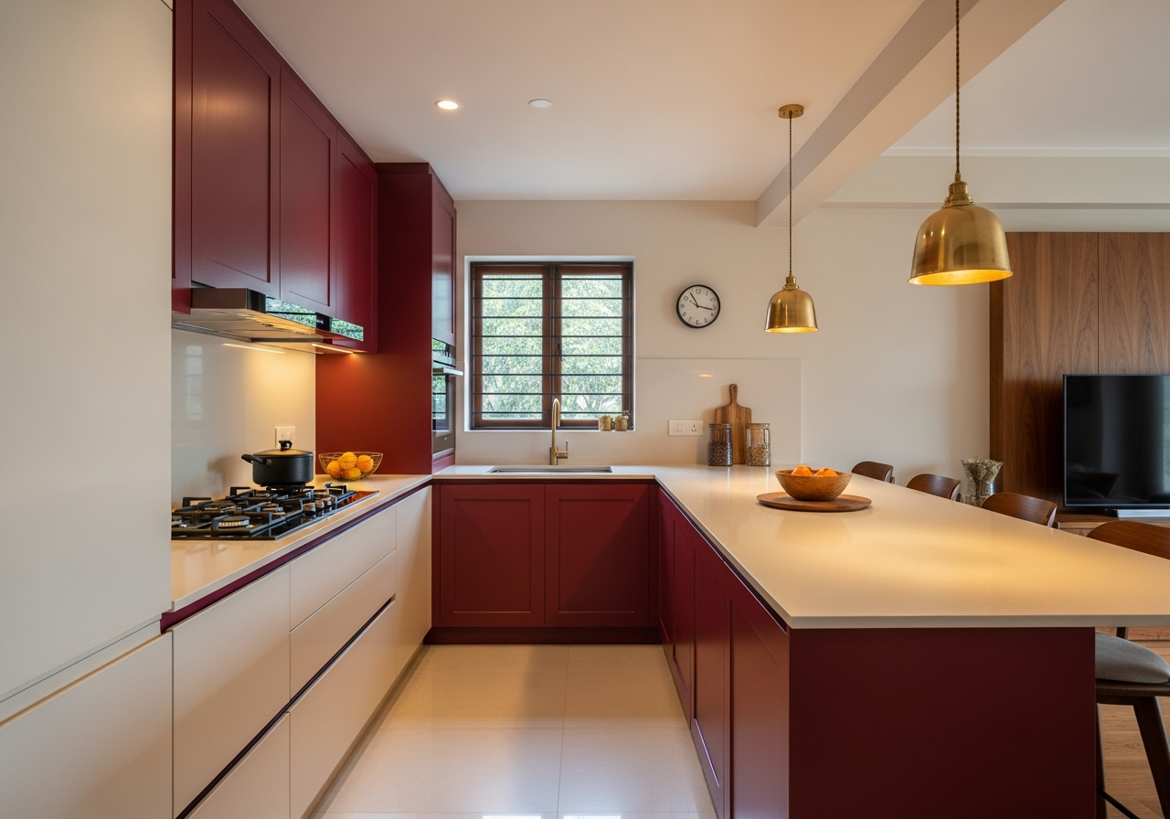 Modular kitchen in a Marathahalli Bangalore 2BHK — laminate L-shape with tall storage unit and quartz countertop