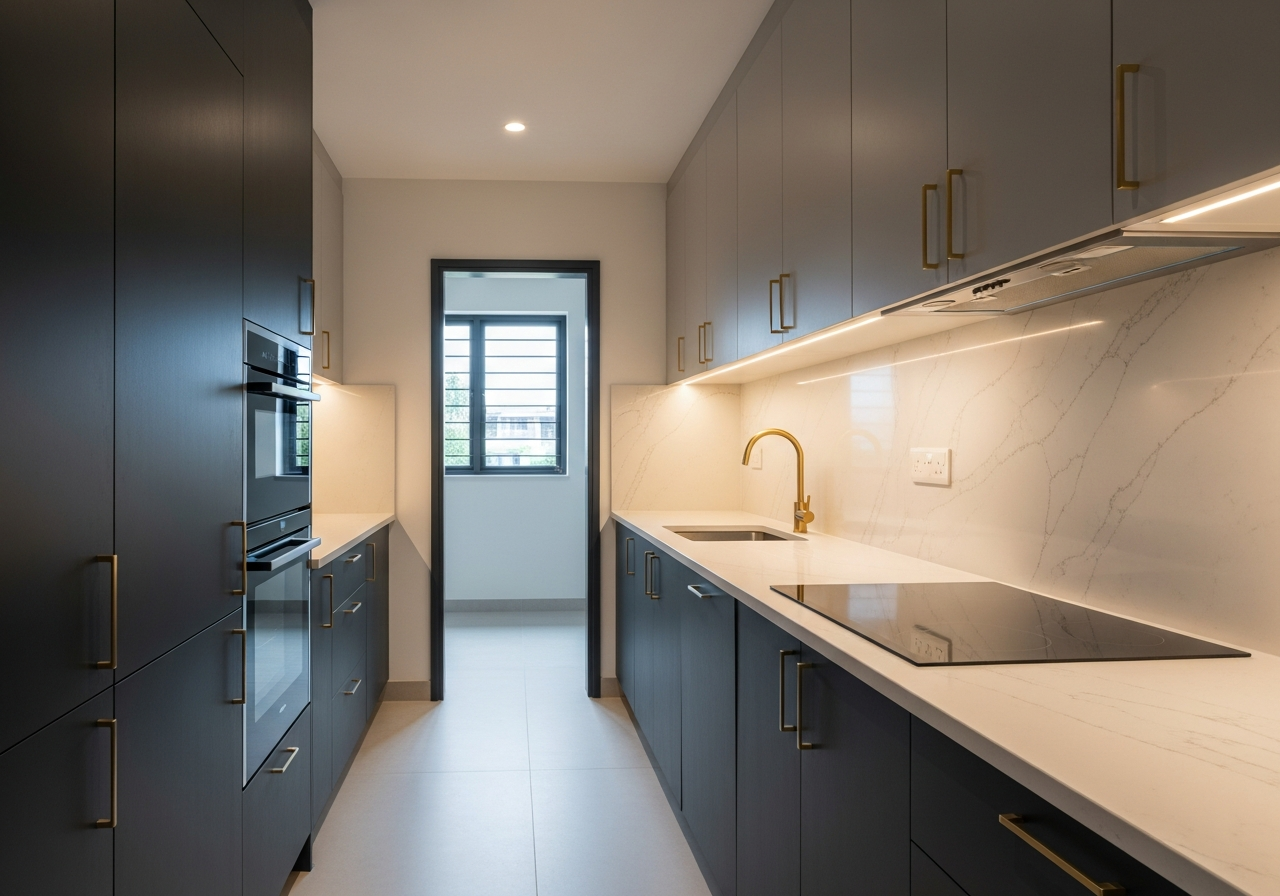 Marble island countertop in a large villa kitchen showing elegant veining used for display area away from cooking zone