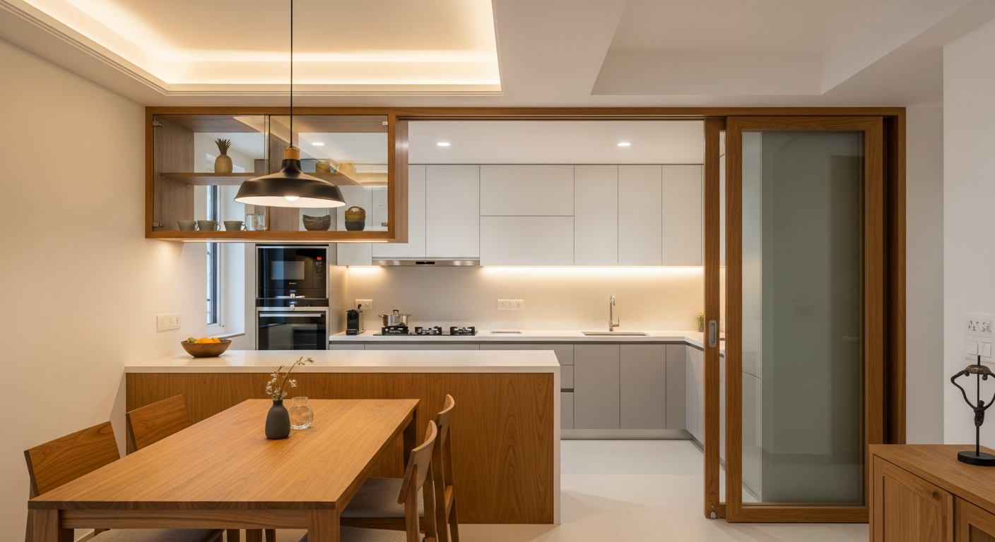 Semi-open hybrid kitchen in a Bangalore 3BHK apartment — counter-height partition with glass panel above, connecting to living area