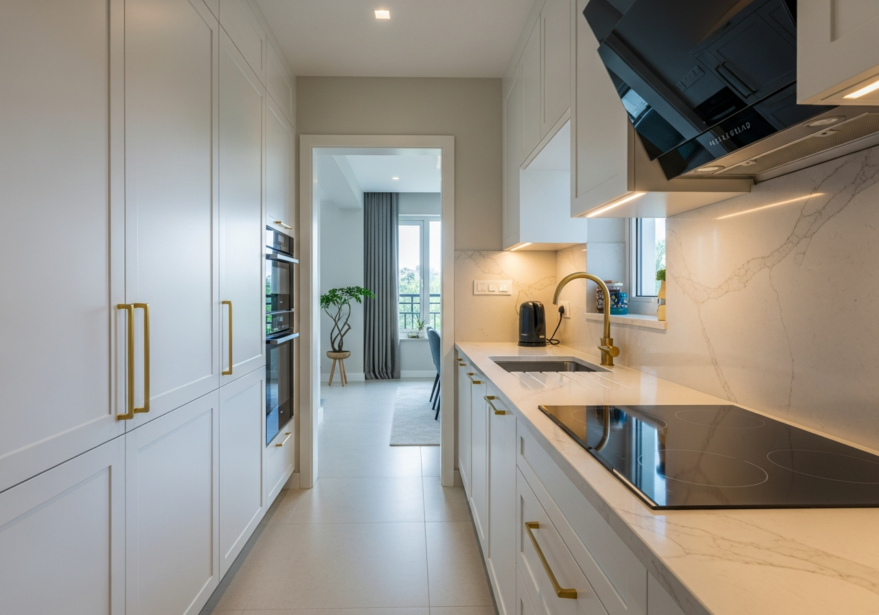 White quartz kitchen countertop with integrated backsplash in a contemporary Bangalore modular kitchen