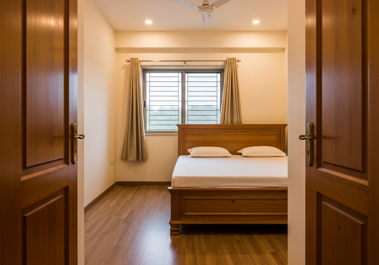 Floor-to-ceiling sliding wardrobe with full-length mirror panels in a compact Bangalore bedroom showing space-saving benefit