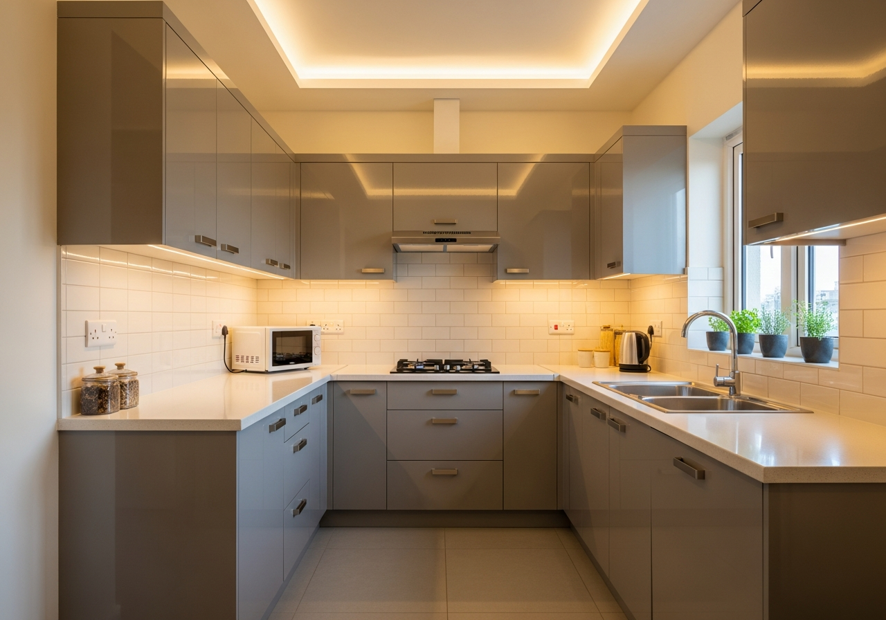 U-shaped kitchen in a spacious 4BHK Bangalore apartment with breakfast counter extension and quartz countertops
