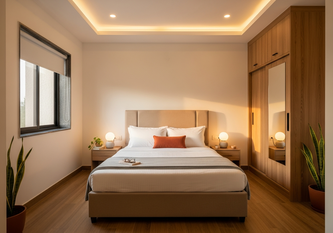 Side-by-side bedroom comparison showing sliding mirror wardrobe on left and classic hinged wardrobe on right in Bangalore apartment bedrooms