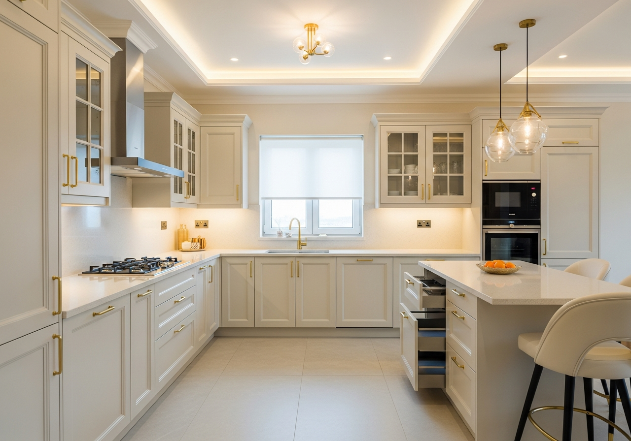 Modular kitchen in a Whitefield Sobha apartment — acrylic upper shutters, quartz countertop and tall storage unit