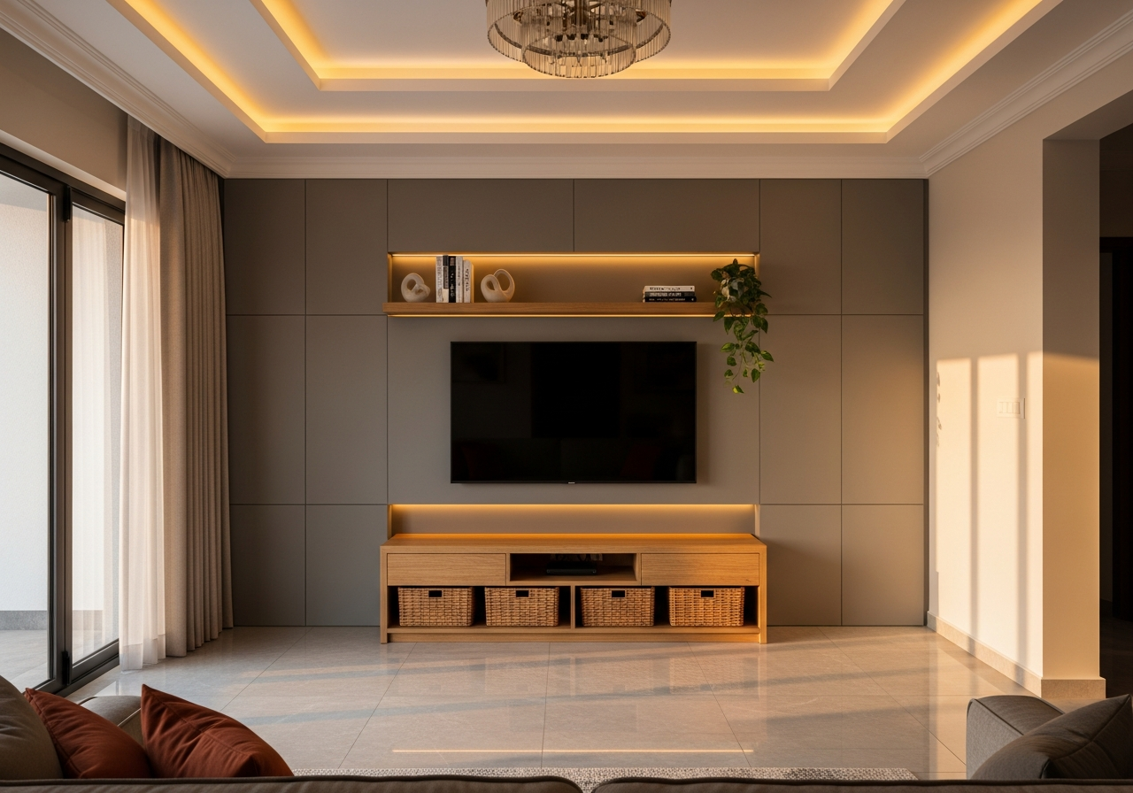 Warm minimal living room in a Whitefield apartment — acrylic TV unit, cove false ceiling and open-plan layout